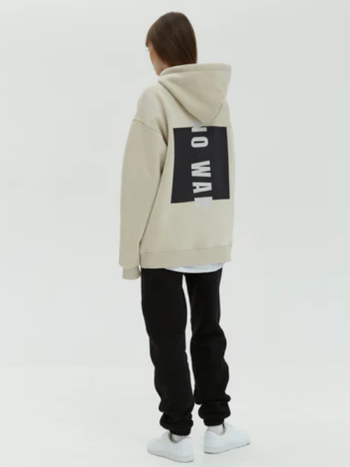 Kangaroo Pocket Hoodie With Fashion Print No War Fashion Print - Cream